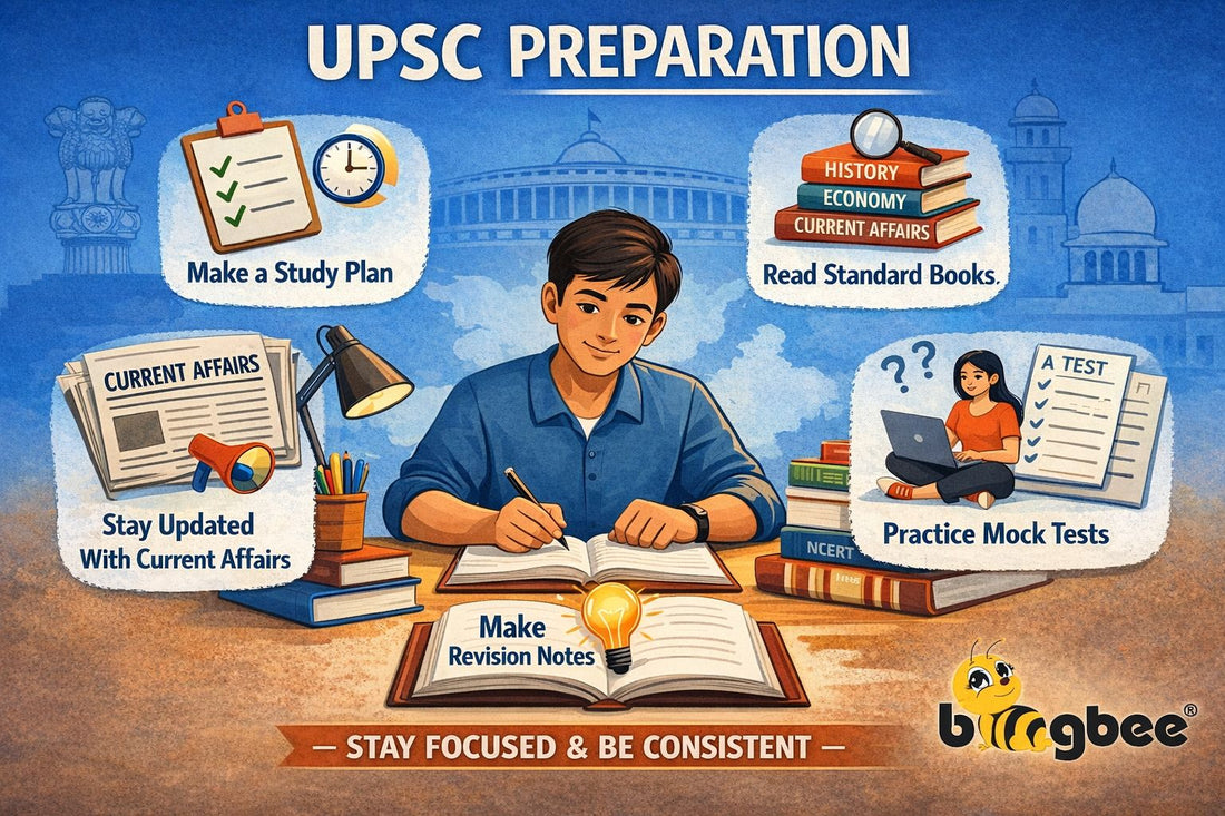 Complete UPSC 2026 preparation guide featuring Bungbee Mains answer booklets and OMR sheets on a study desk