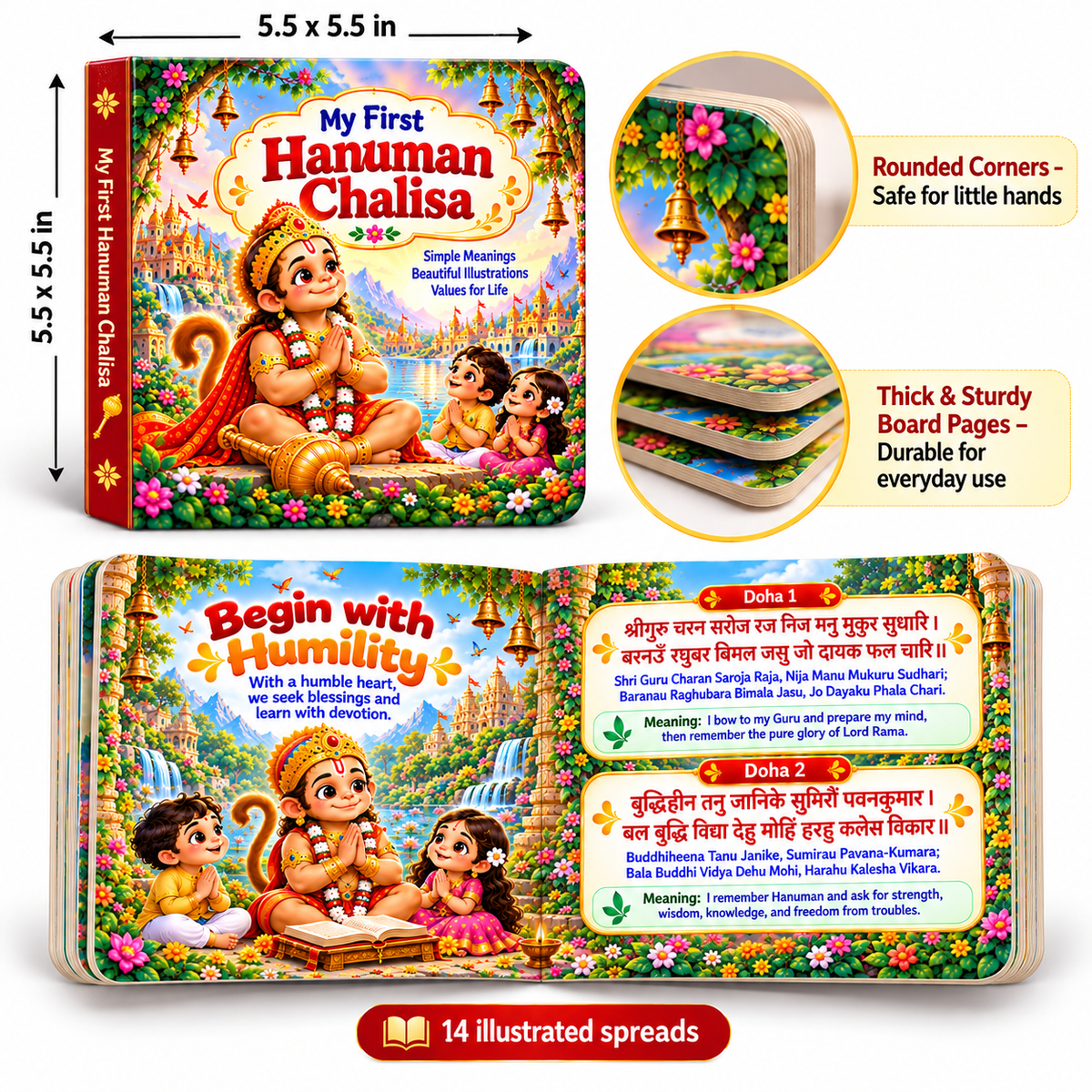 Bungbee My First Hanuman Chalisa for Kids Illustrated Devotional Book with Easy Words, Meaning & Moral Values | Board Book for Toddlers & Preschoolers