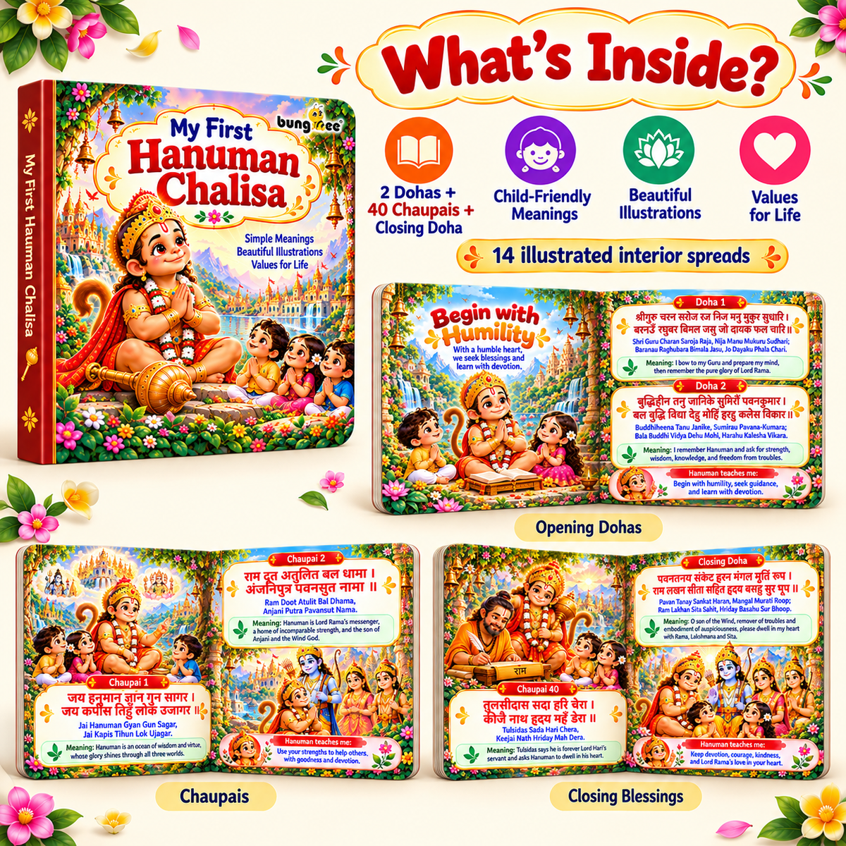 Bungbee My First Hanuman Chalisa for Kids Illustrated Devotional Book with Easy Words, Meaning & Moral Values | Board Book for Toddlers & Preschoolers