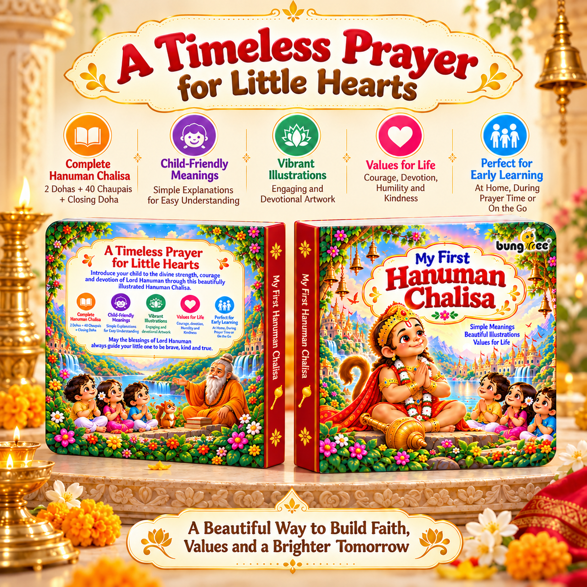 Bungbee My First Hanuman Chalisa for Kids Illustrated Devotional Book with Easy Words, Meaning & Moral Values | Board Book for Toddlers & Preschoolers