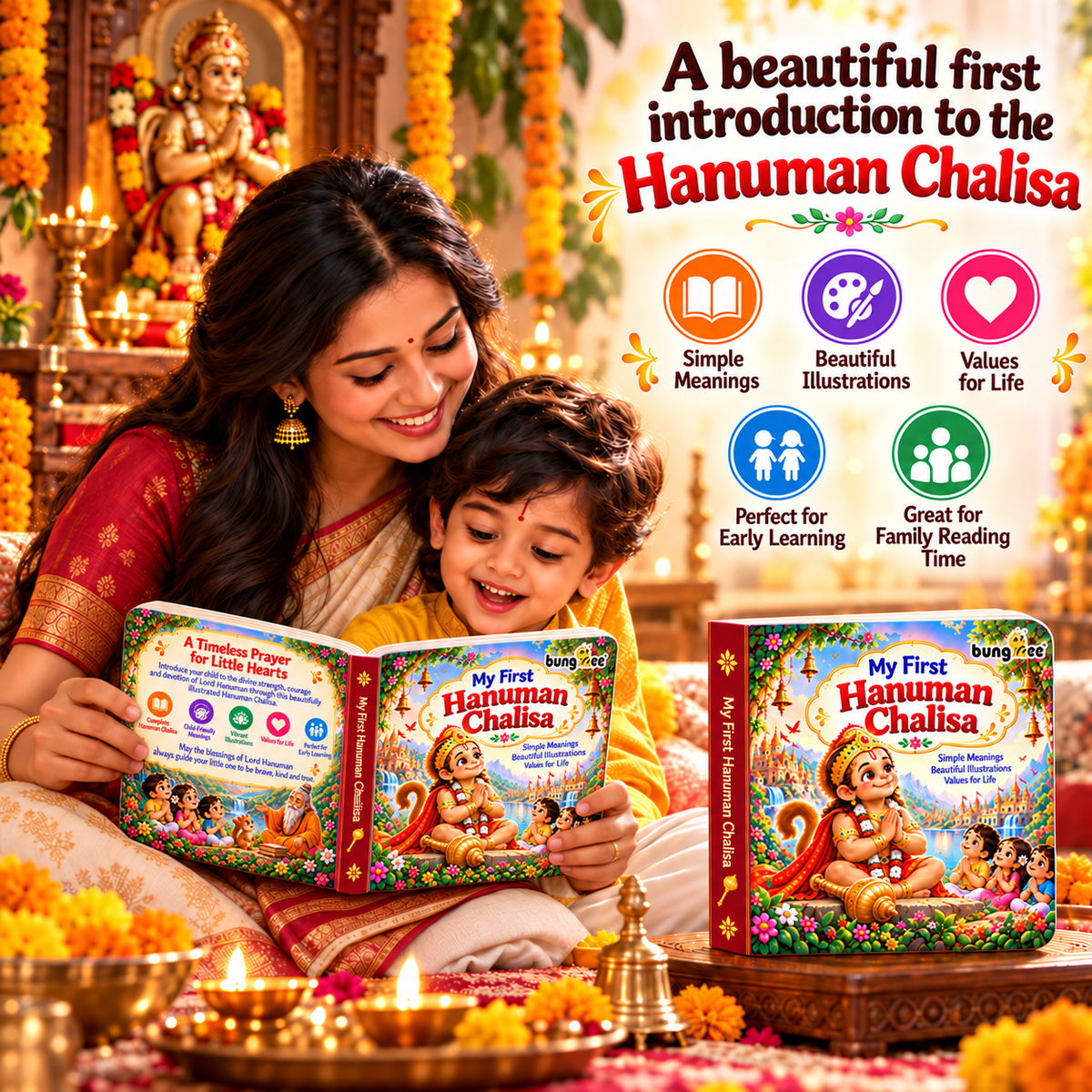 Bungbee My First Hanuman Chalisa for Kids Illustrated Devotional Book with Easy Words, Meaning & Moral Values | Board Book for Toddlers & Preschoolers