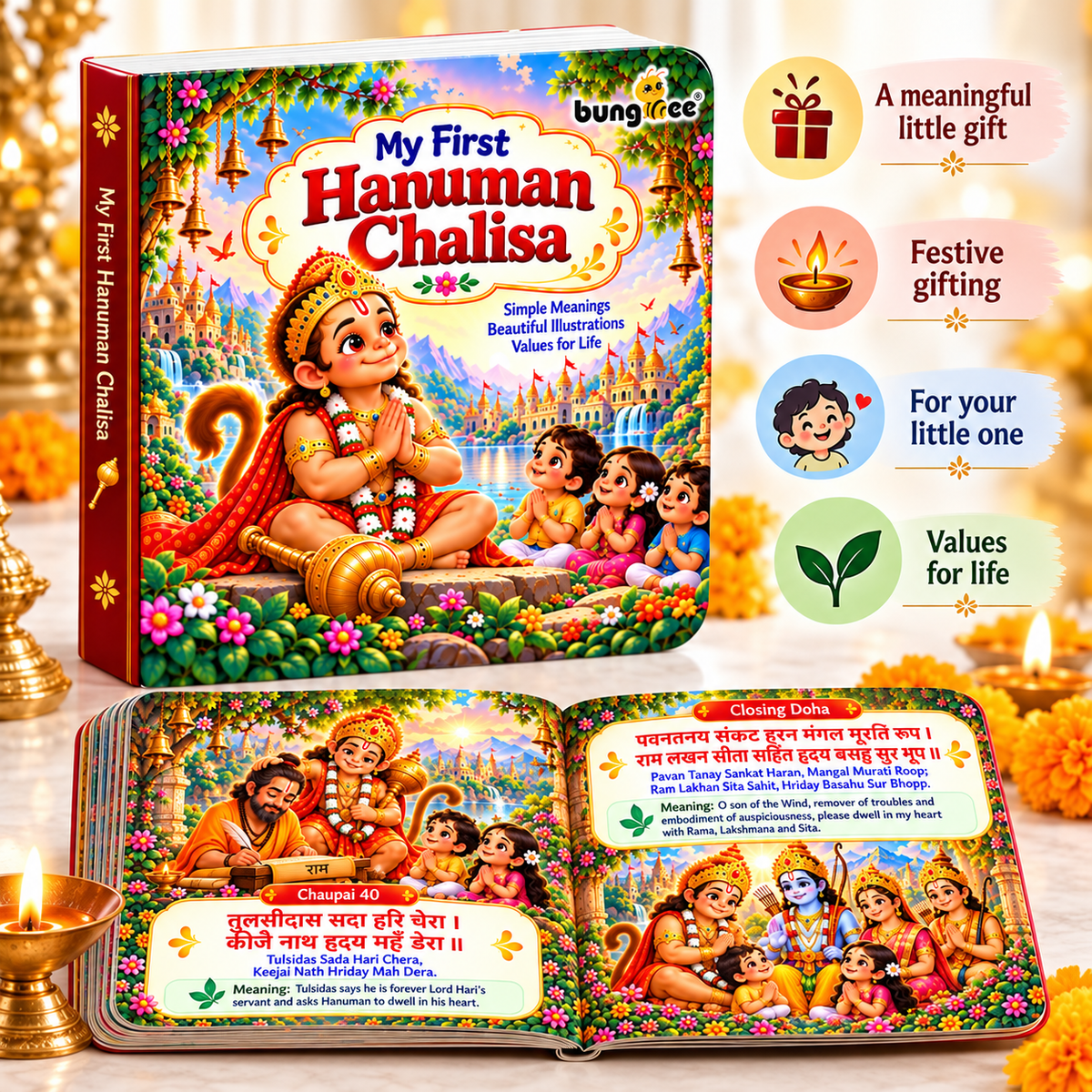 Bungbee My First Hanuman Chalisa for Kids Illustrated Devotional Book with Easy Words, Meaning & Moral Values | Board Book for Toddlers & Preschoolers
