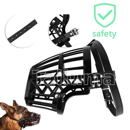 Black dog muzzle with safety features an adjustable strap and buckle. It is designed to prevent biting while keeping dogs safe and comfortable.