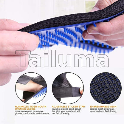 Pet grooming glove with flexible silicone bristles being stretched by hands. It highlights the glove’s adjustable strap and breathable mesh design for comfortable pet grooming.