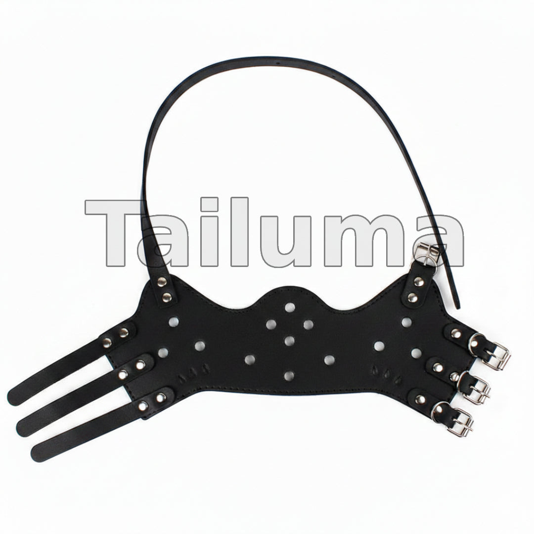 Black leather dog muzzle with ventilation holes and multiple adjustable straps.
