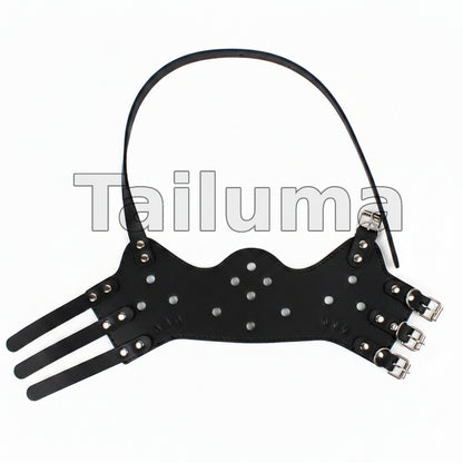 Black leather dog muzzle with ventilation holes and multiple adjustable straps.