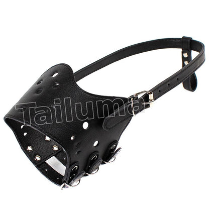 Black leather dog muzzle with ventilation holes and an adjustable strap.