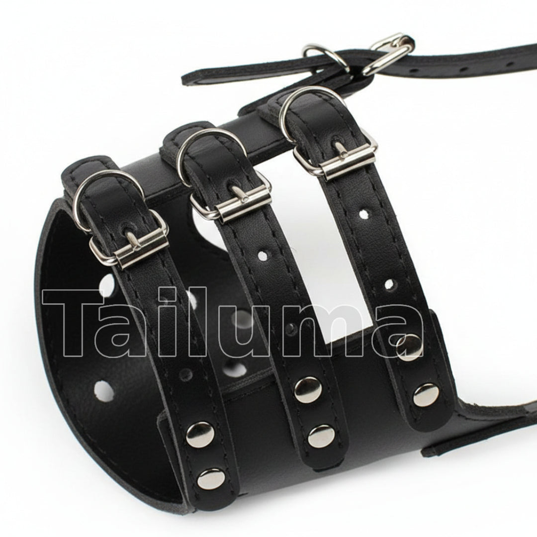 Black leather dog muzzle with three adjustable straps and metal buckles. It provides a secure fit and helps prevent biting during training or grooming.
