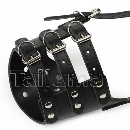 Black leather dog muzzle with three adjustable straps and metal buckles. It provides a secure fit and helps prevent biting during training or grooming.