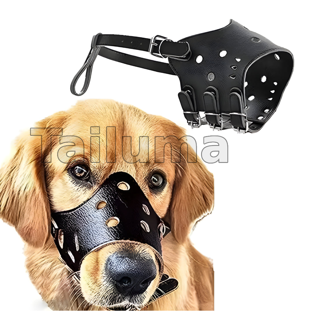 Black leather dog muzzle with ventilation holes and adjustable straps. It is designed to prevent biting while keeping dogs safe and comfortable.