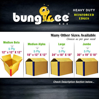 A promotional banner for Bungee Box showing heavy-duty 5-ply cardboard boxes with reinforced edges. It displays multiple size options—Medium Beta, Medium Alpha, Large, and Jumbo—along with their dimensions.