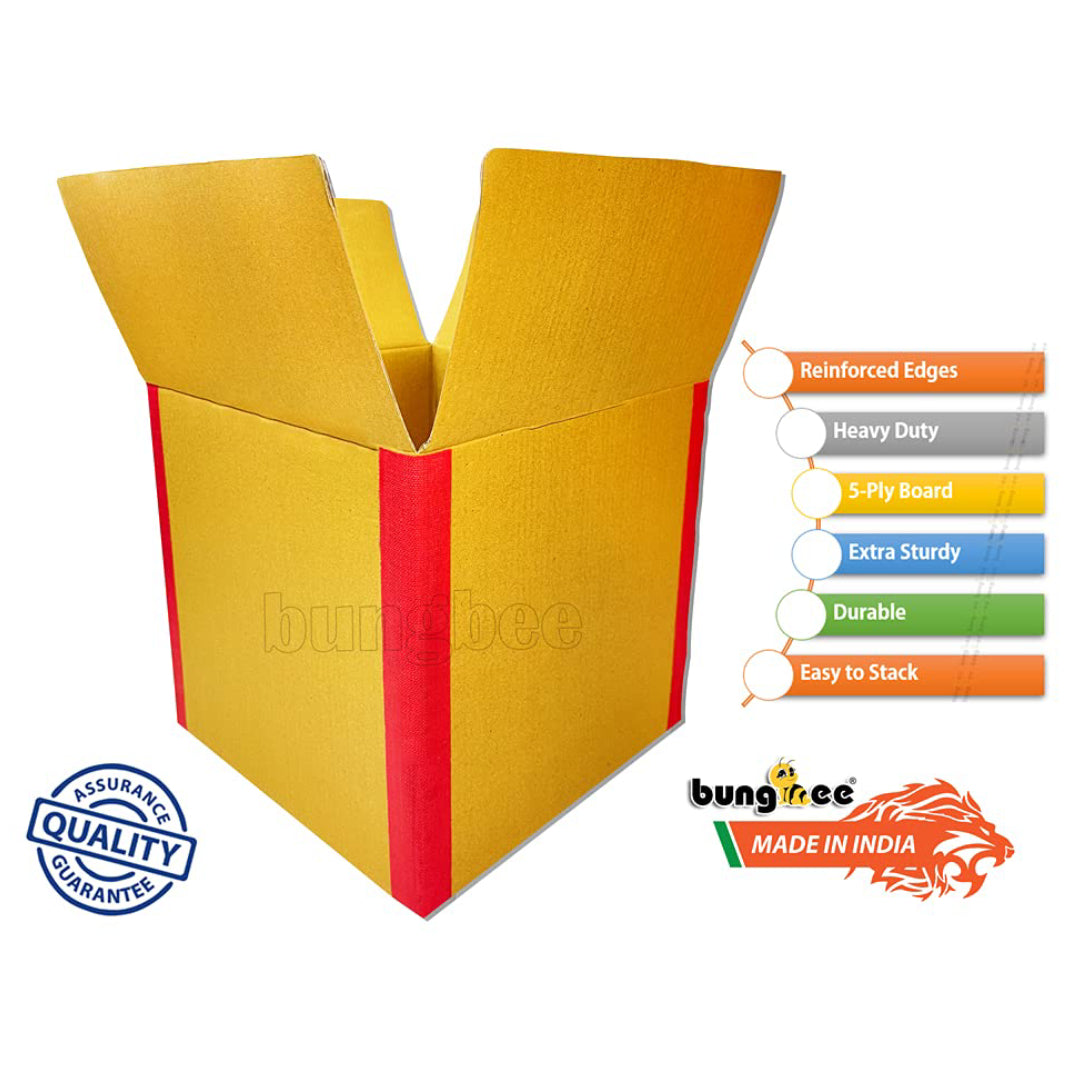 A promotional image of a heavy-duty 5-ply cardboard box with red reinforced edges and open flaps. It highlights features like reinforced edges, extra sturdiness, durability, easy stacking, and quality assurance — made in India.
