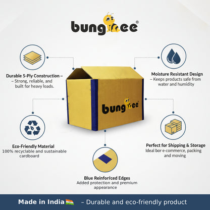 A product infographic showcasing the Bungee 5-ply cardboard box with highlighted features like strong heavy-duty construction, moisture-resistant design, eco-friendly recyclable material, and blue reinforced edges for extra durability. It’s presented as an ideal packaging solution for shipping, storage, packing, and moving.Made in India.