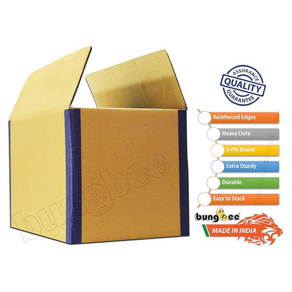 A promotional image of a Bungee heavy-duty cardboard box with open flaps and blue reinforced edges. The graphic highlights features like 5-ply board, extra sturdiness, durability, easy stacking, and quality assurance — made in India.