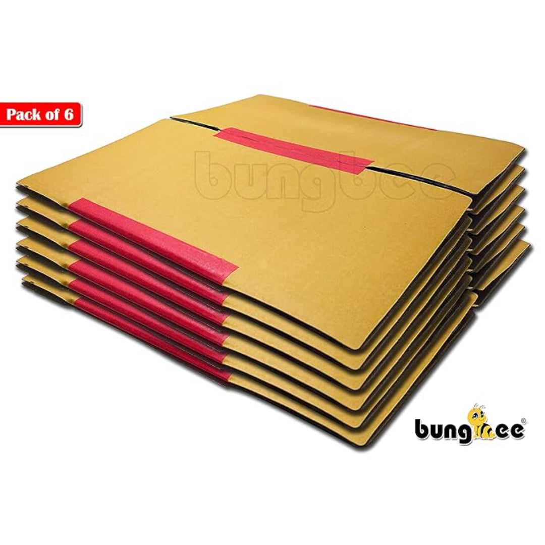 A stack of six flat brown cardboard boxes with red tape reinforcement on the edges, labeled “Pack of 6,” placed on a white background.