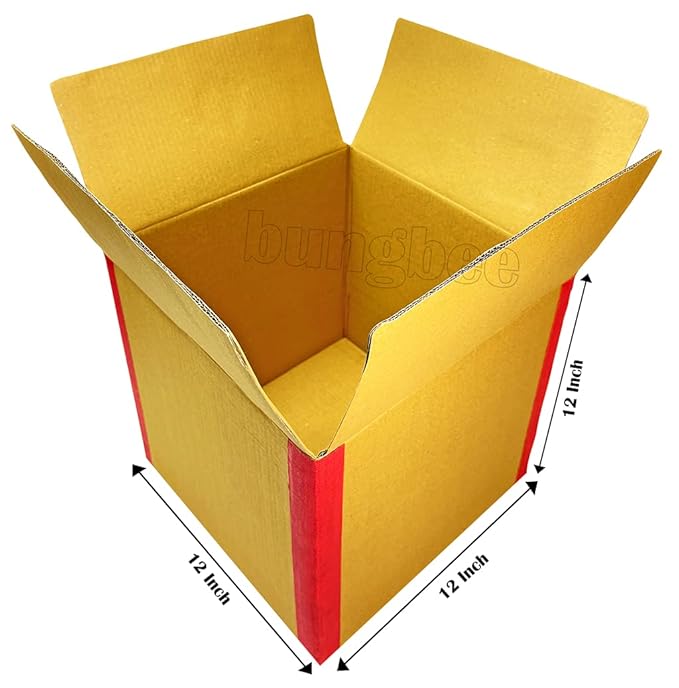 An open heavy-duty brown corrugated cardboard box with red reinforced edges, showing dimensions of 12 x 12 x 12 inches.