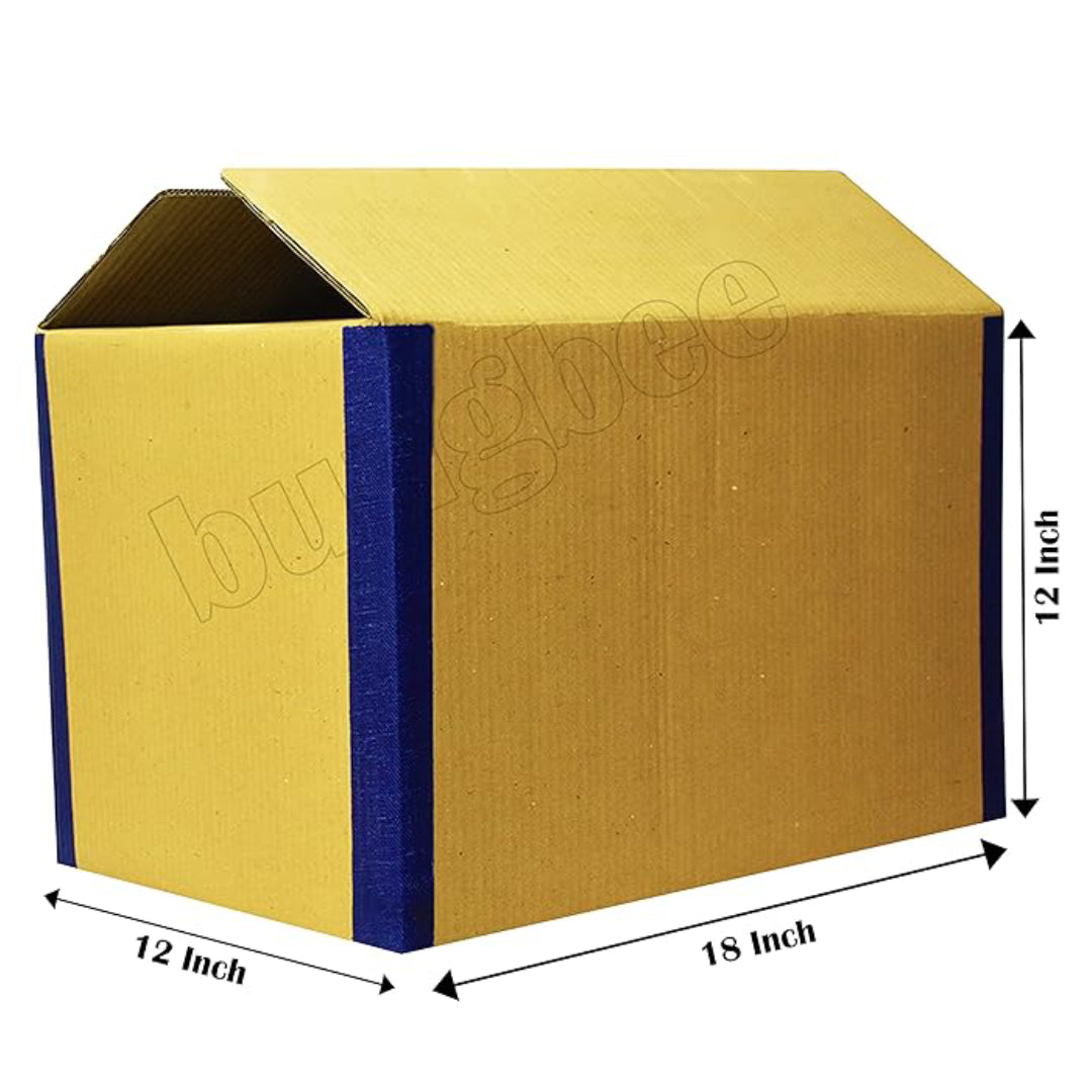 A brown corrugated cardboard box with blue reinforced edges, partially open, showing dimensions 18 x 12 x 12 inches.