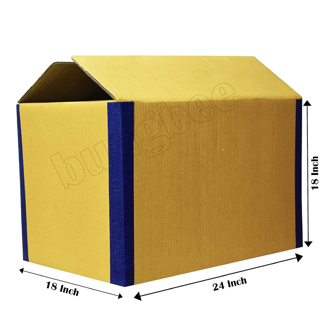 A brown corrugated cardboard box with blue reinforced edges, partially open, showing dimensions 24 x 18 x 18 inches.