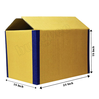 A brown corrugated cardboard box with blue reinforced edges, partially open, showing dimensions 24 x 18 x 18 inches.