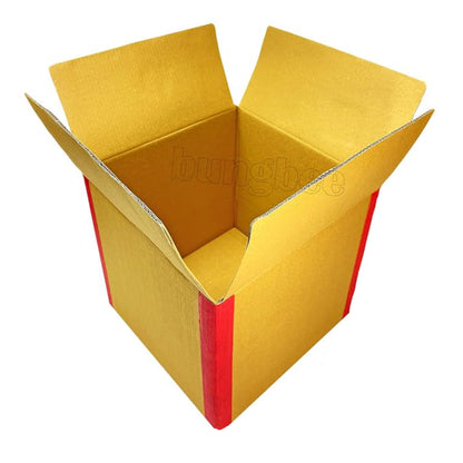 open brown corrugated cardboard box with red reinforced edges, designed for heavy-duty packaging and storage.