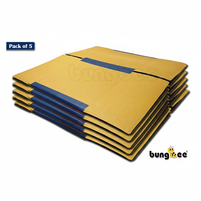 A stack of five flat brown cardboard boxes with blue tape reinforcement on the edges, labeled “Pack of 5,” placed on a white background.