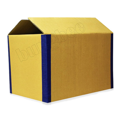 brown corrugated cardboard box with blue reinforced edges, slightly open at the top, suitable for packaging and storage. 