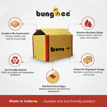 A product infographic showcasing the Bungee 5-ply cardboard box with highlighted features like strong heavy-duty construction, moisture-resistant design, eco-friendly recyclable material, and blue reinforced edges for extra durability. It’s presented as an ideal packaging solution for shipping, storage, packing, and moving.Made in India.