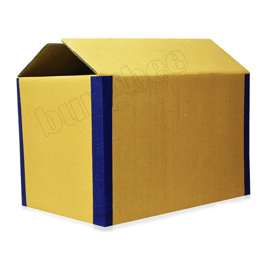 brown corrugated cardboard 5 ply cartoon box with the top flaps open. The edges are sealed or reinforced with blue tape/strips, placed on a white background.