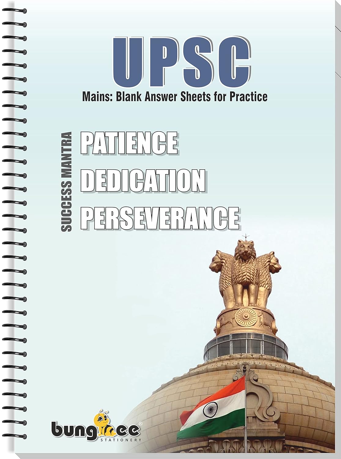 UPSC practice notebook cover featuring the Ashoka Pillar, the Indian flag, and motivational words like Patience, Dedication, and Perseverance.