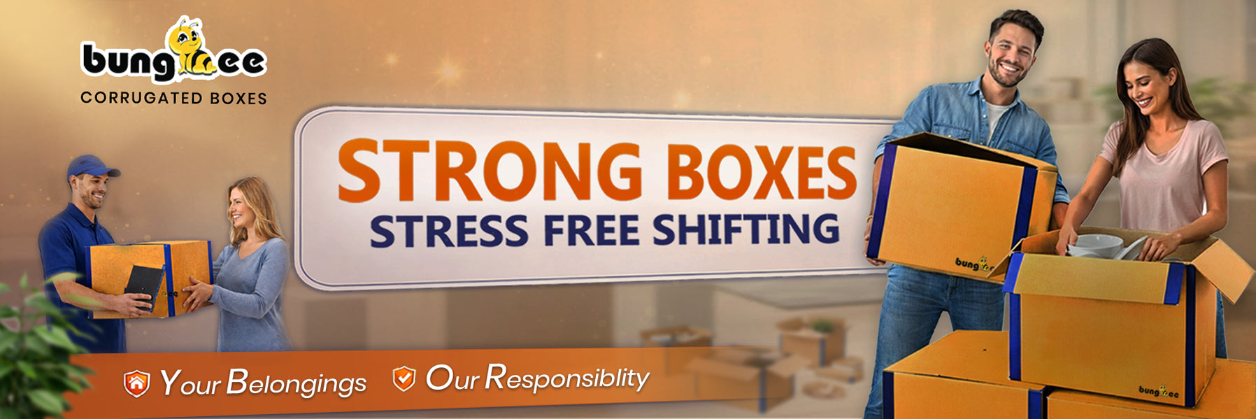 A promotional banner advertising durable corrugated boxes for safe and stress-free shipping and moving.