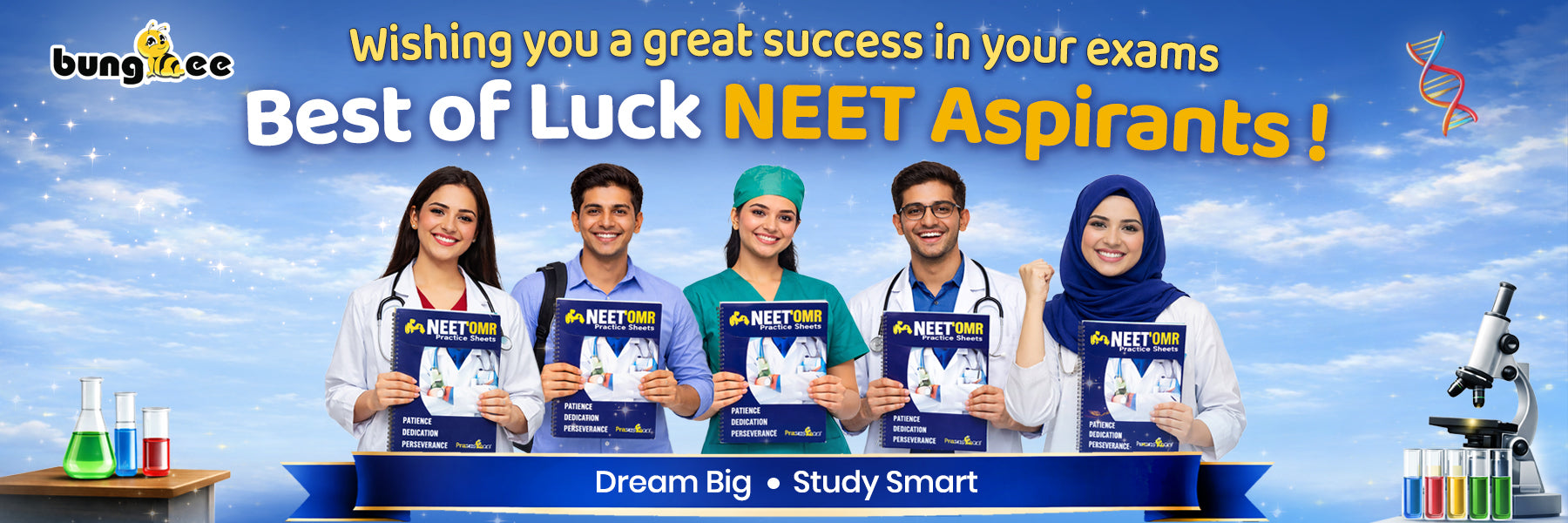 A motivational banner wishing NEET aspirants success, showing smiling medical students holding study materials with science-themed elements.