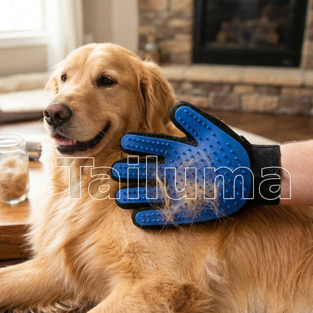 Person using a pet grooming glove to brush a dog’s fur. The glove removes loose hair while gently grooming the dog.