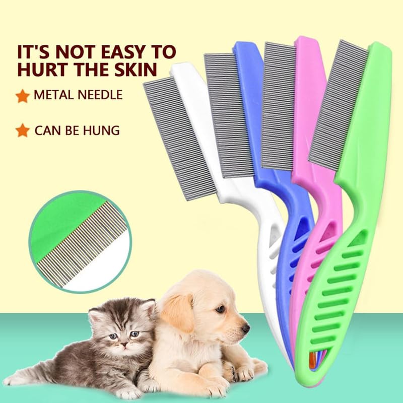 Pet grooming combs with metal teeth designed for dogs and cats. These combs help remove fleas, loose hair, and tangles safely.