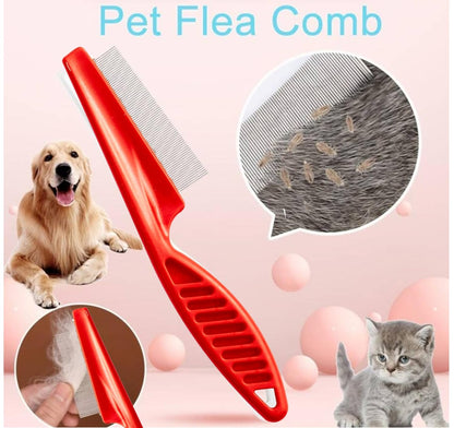 Red pet flea comb with fine metal teeth used for dogs and cats. It helps remove fleas, lice, and loose hair from pets.