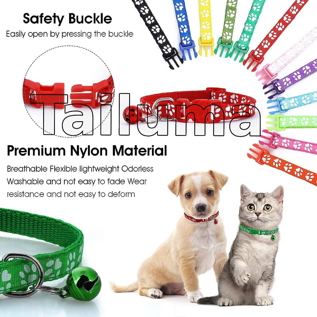 Colorful nylon pet collars with safety buckles and bells. These adjustable collars are designed for dogs and cats, providing comfort, durability, and improved visibility