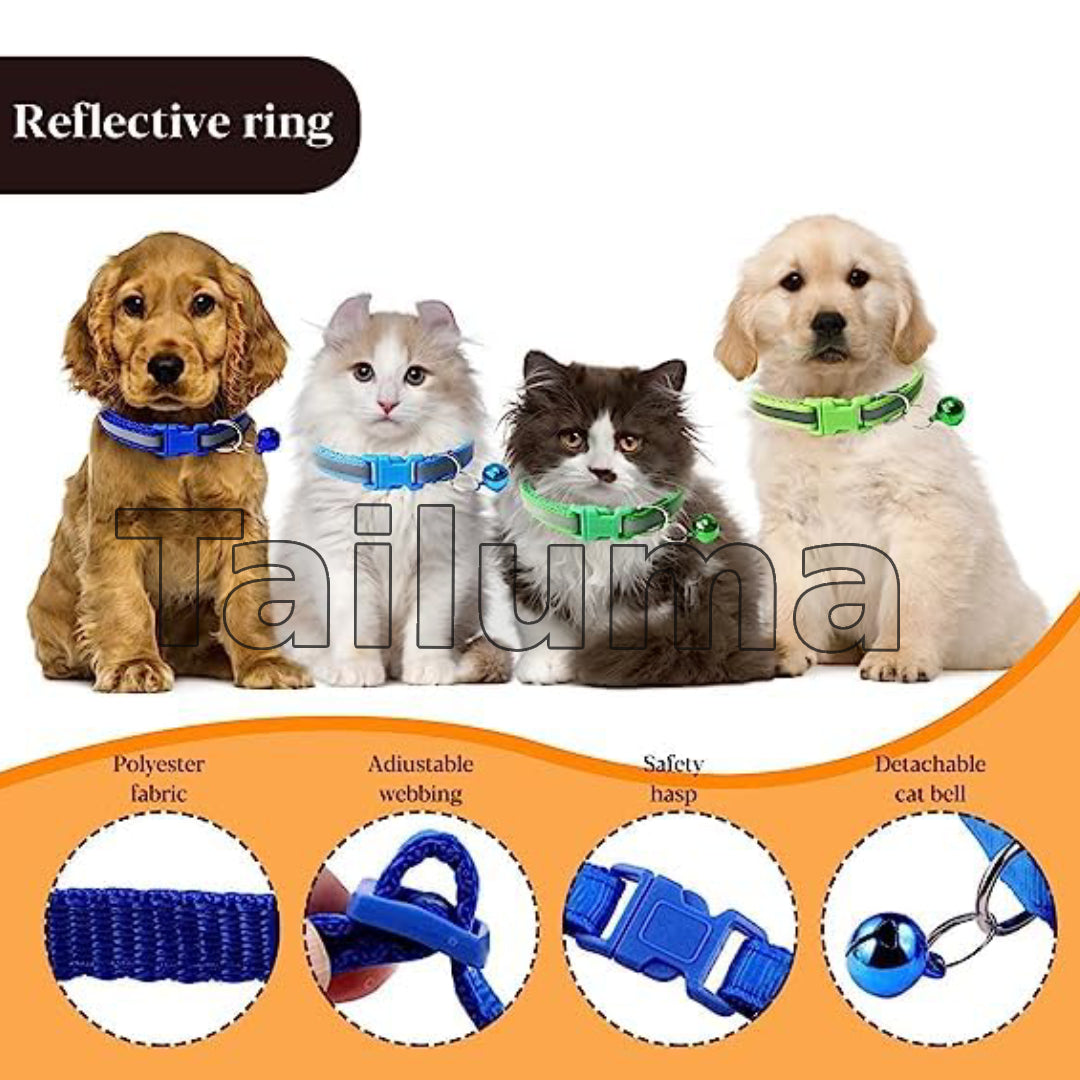 Dogs and cats wearing colorful reflective collars with bells. The collars are adjustable and designed to keep pets visible, safe, and comfortable.