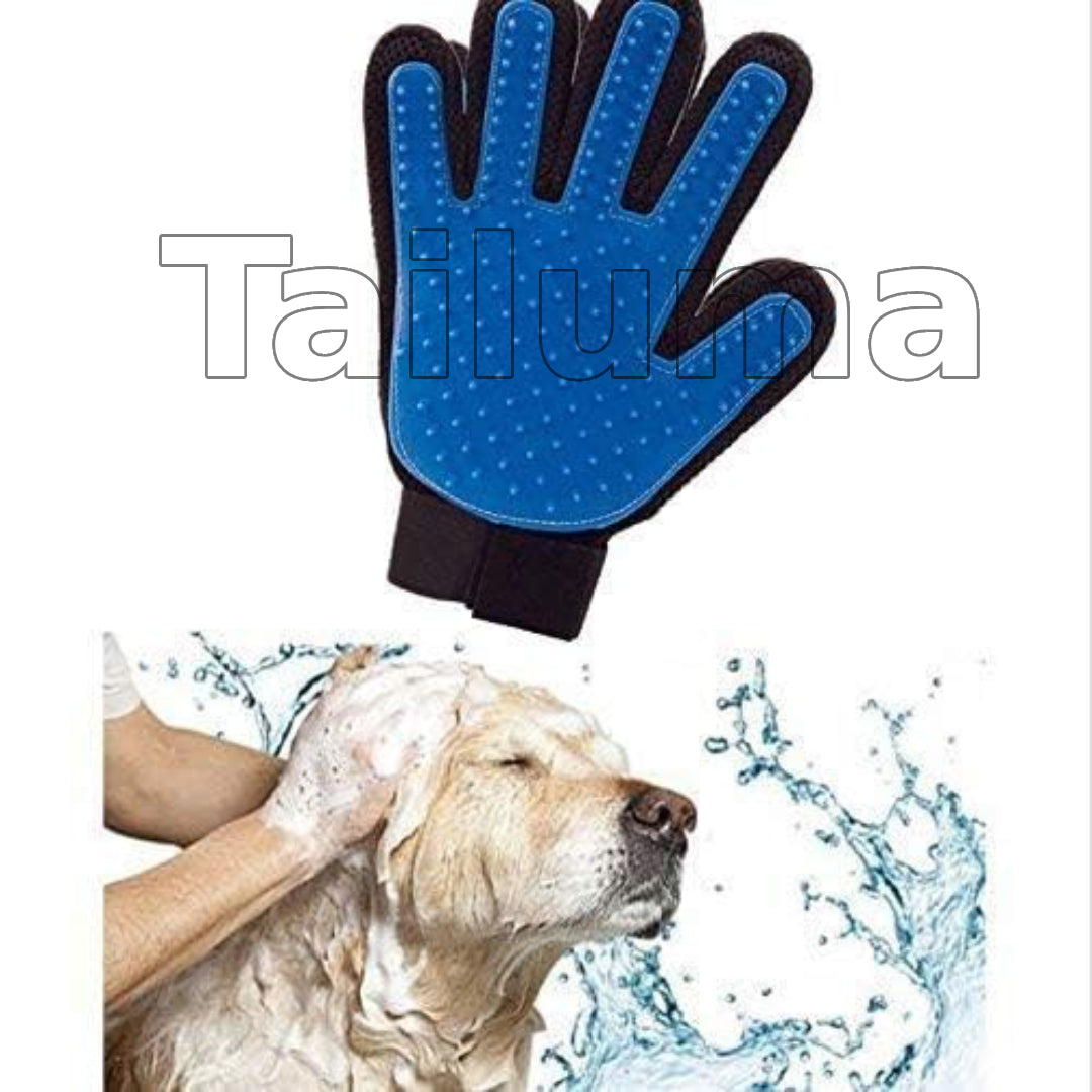 Pet grooming glove with soft silicone bristles and a dog being bathed.