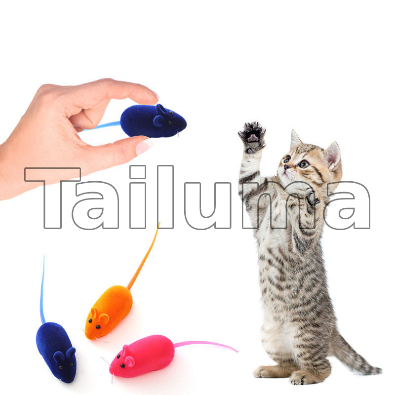 A kitten reaching up to play with colorful mouse toys, while a hand holds one toy above.