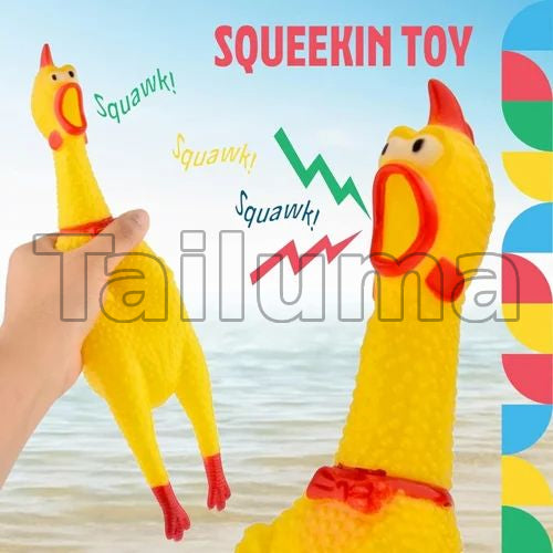 yellow rubber chicken squeeze toy that makes a squeaking sound when pressed.