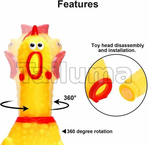 rubber chicken dog toy with a detachable head and 360-degree rotation feature.