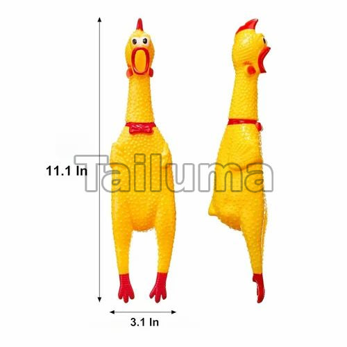 yellow rubber chicken toy with its front and side views, along with its size dimensions.