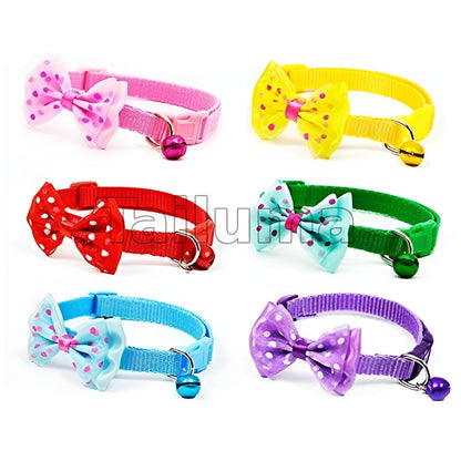 shows colorful cat collars with cute bow ties and small attached bells.