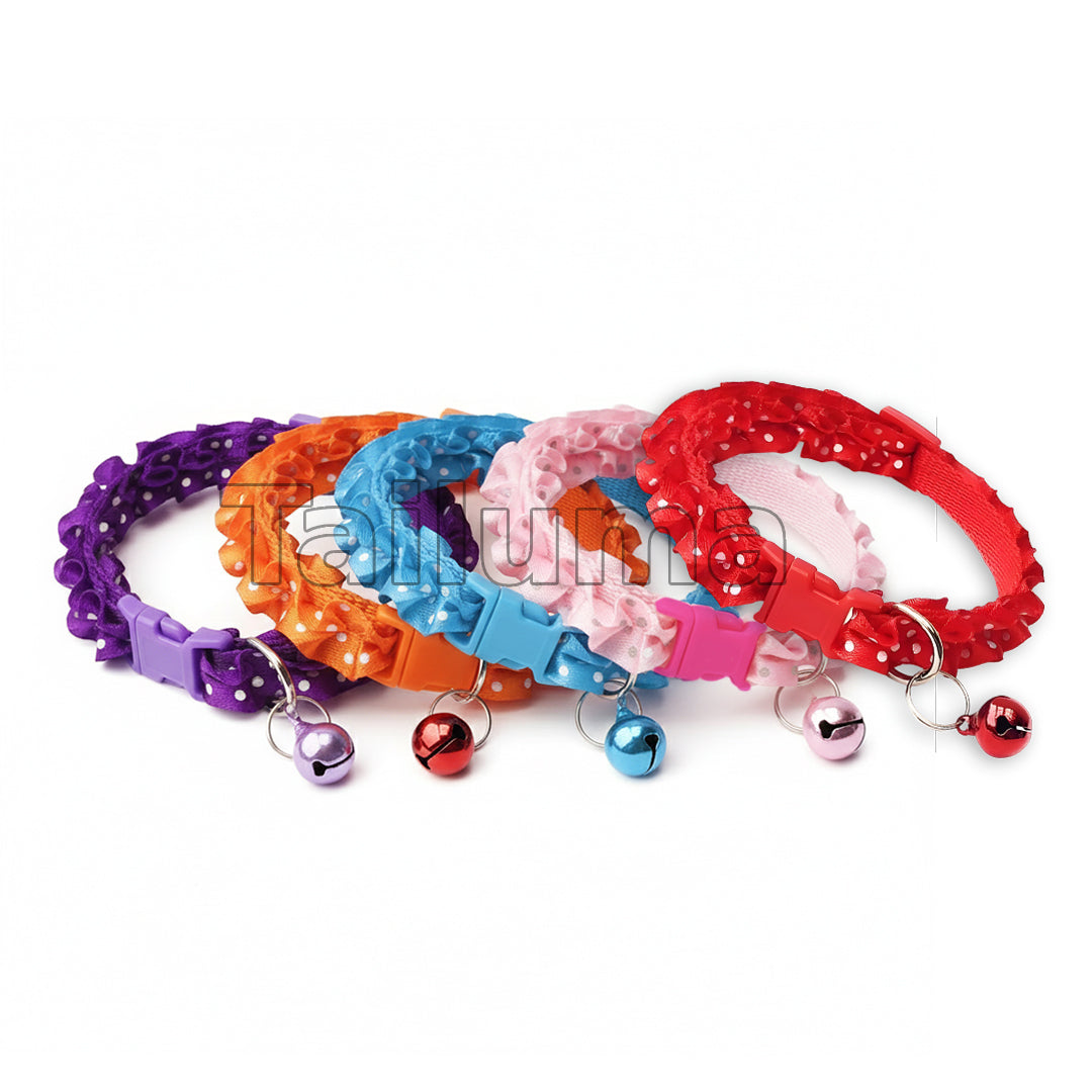 shows colorful adjustable cat frill collars with small bells attached, designed for style, safety, and easy identification of pets.