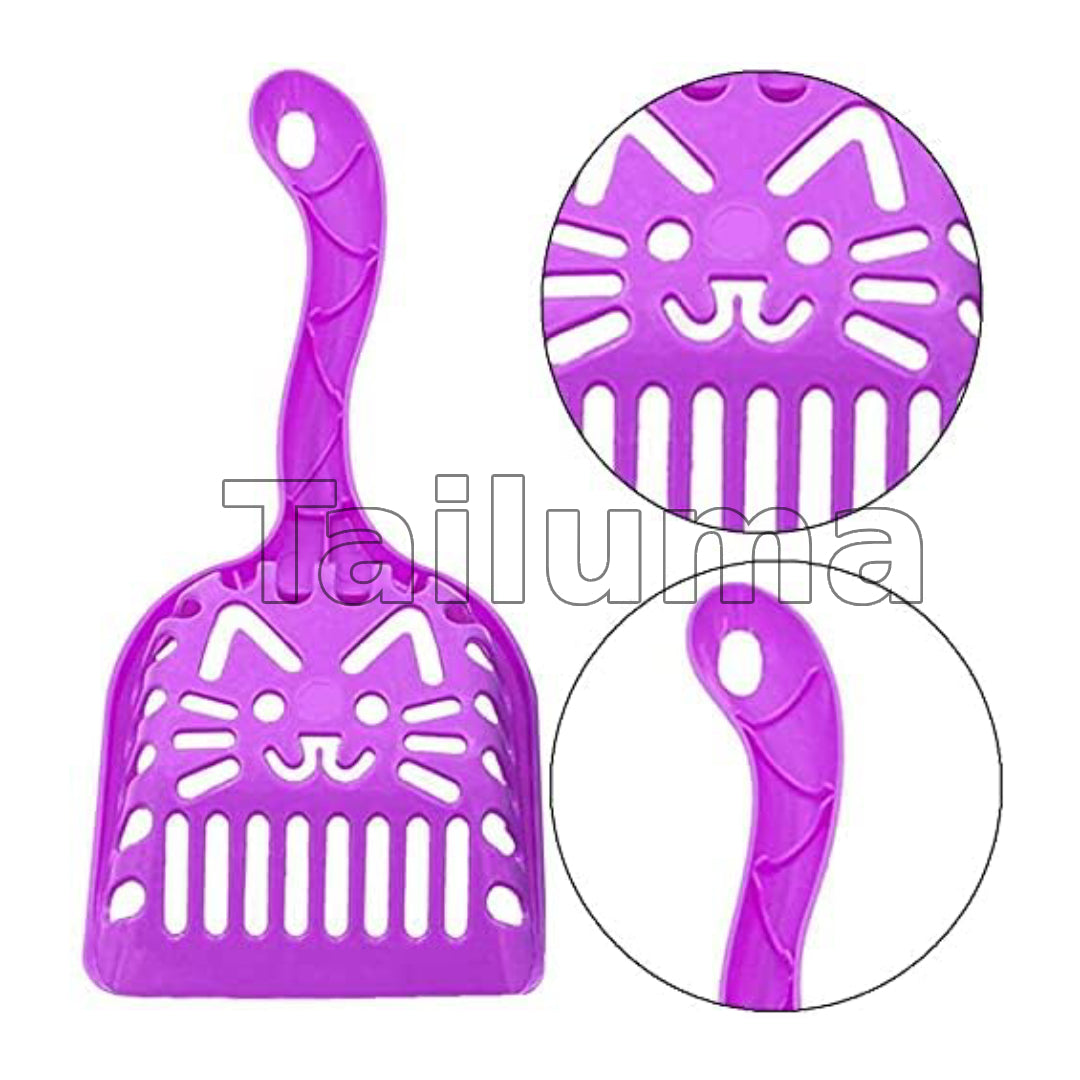 purple cat litter scoop with a cute cat-face cutout design and a long ergonomic handle.