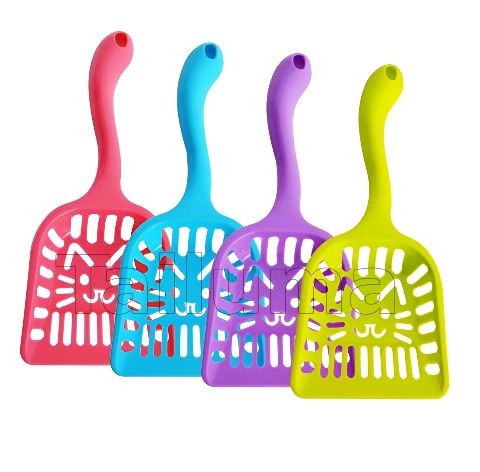 four colorful cat litter scoops with cute cat-face cutout designs and long handles for easy cleaning.