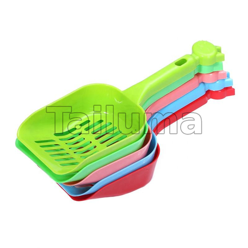 stack of colorful plastic pet litter scoops designed for cleaning cat litter boxes.