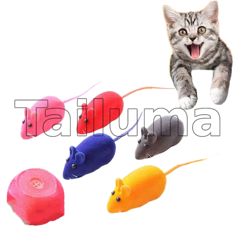 playful kitten reaching toward colorful mouse-shaped toys designed for interactive play.