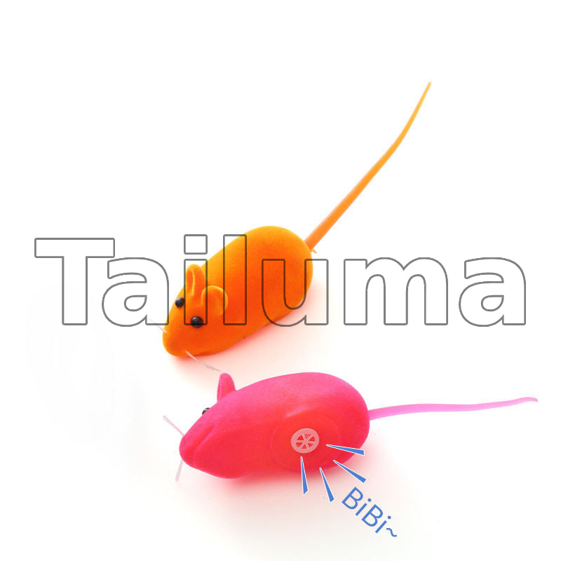 two colorful mouse-shaped cat toys, one with a built-in sound feature for interactive play.