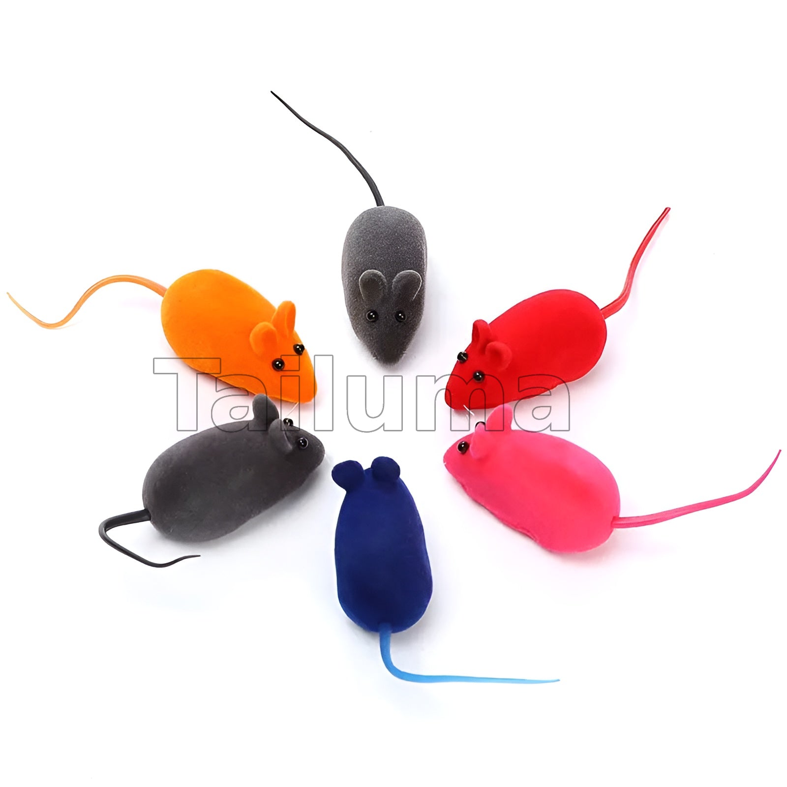 shows colorful mouse-shaped cat toys arranged in a circle for interactive play.