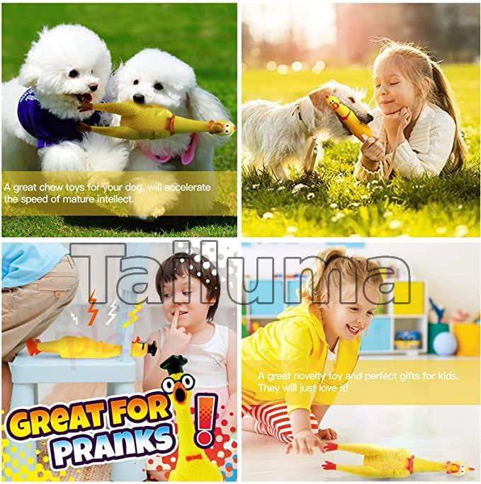 dogs and children playing with a rubber chicken toy, highlighting it as a fun chew toy and prank gift.